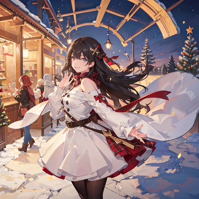 Best Quality, german christmas market, Crisp eyes, Show your teeth and smile, Hair that flutters in the wind, The upper part of the body ,long sleeve white fluffy sweater , Wrap a tartan check scarf around your neck, Christmas background with christmas illuminations , Sparkling smile, Beautiful shoulder-length hair waving in the wind, masutepiece, hight resolution, 1 girl, (thick eyeliner), light brown hair, Natural-looking makeup, eyeshadows, very thin eyebrows, Medium wavy hair