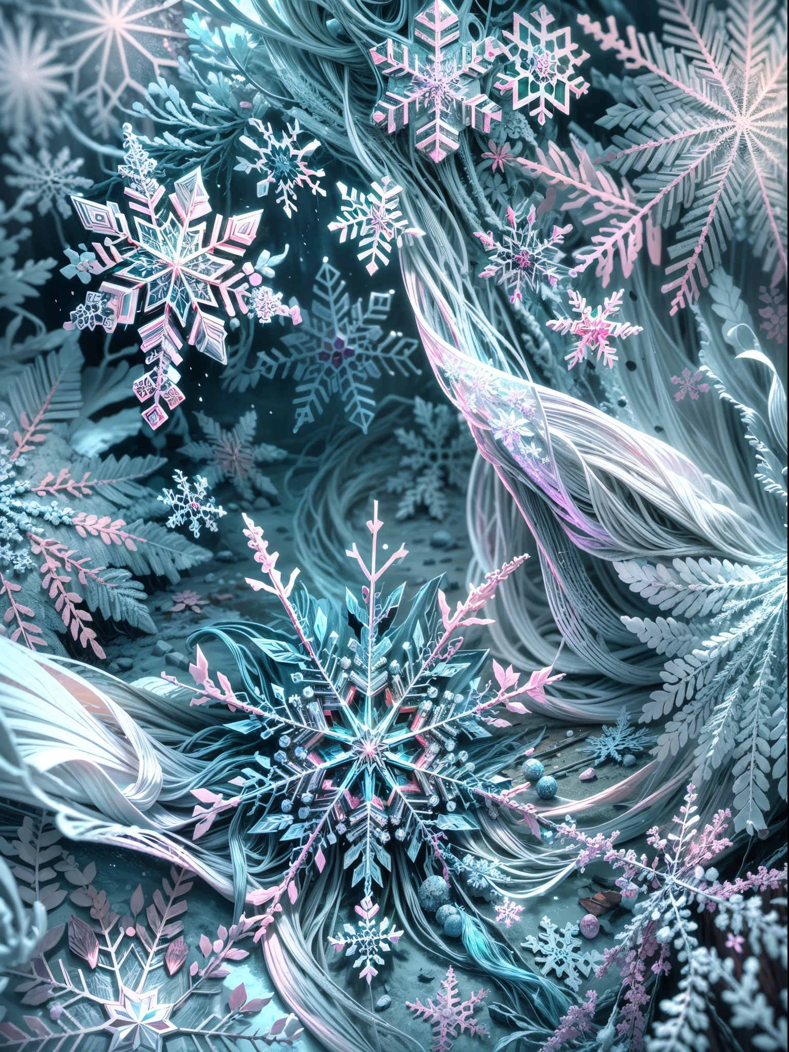 (best quality,4k,8k,highres,masterpiece:1.2),ultra-detailed[detailed] snowflakes, abstract chaos element, vibrant colors, intricate patterns, mesmerizing fractals, glossy finish, high contrast, unique shapes, sparkling textures, dynamic composition, surreal atmosphere, dreamlike scenery, delicate crystal formations, ethereal beauty, frozen motion, otherworldly aesthetics, captivating intricacy, icy elegance, harmonious chaos, mystical allure