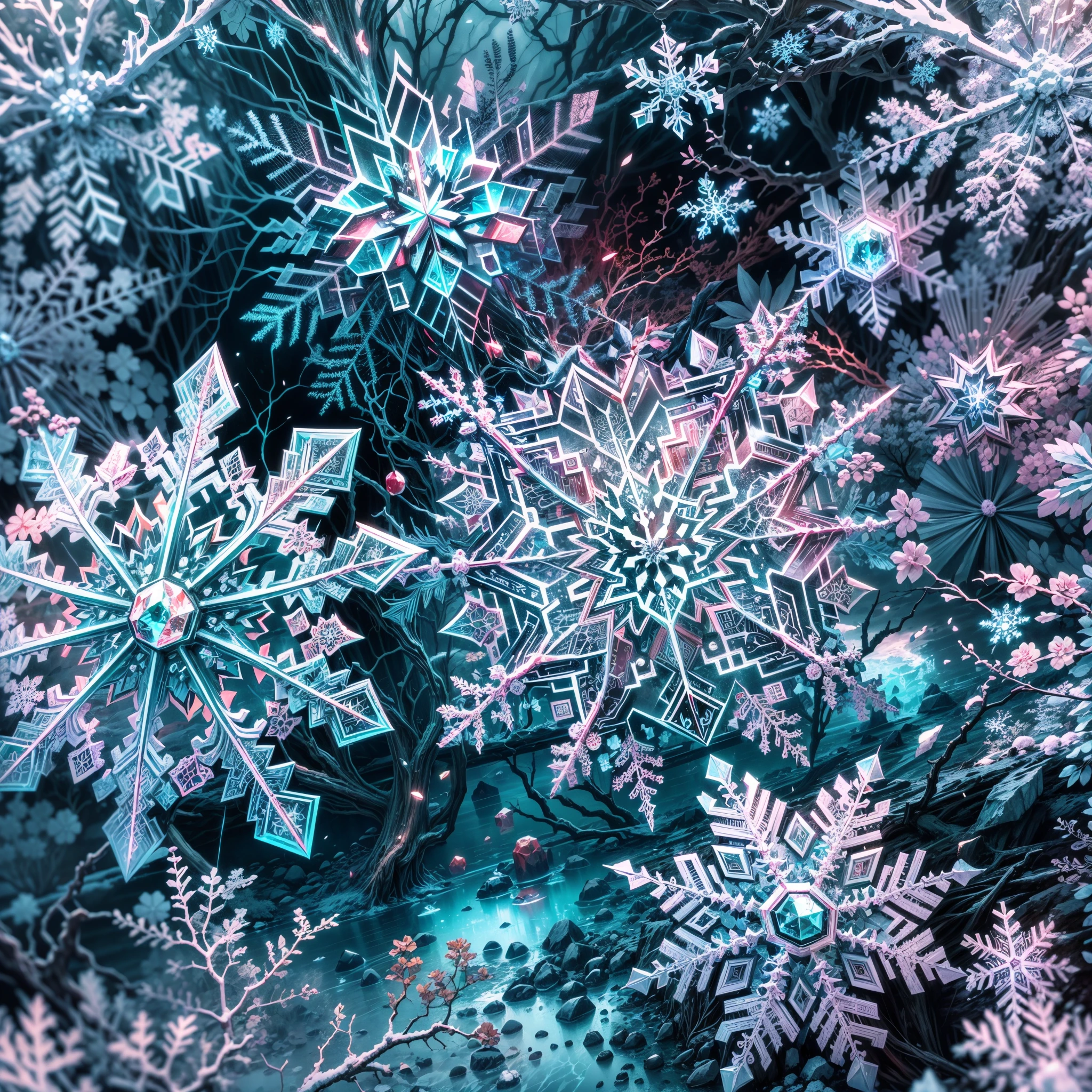 (best quality,4k,8k,highres,masterpiece:1.2),ultra-detailed[detailed] snowflakes, abstract chaos element, vibrant colors, intricate patterns, mesmerizing fractals, glossy finish, high contrast, unique shapes, sparkling textures, dynamic composition, surreal atmosphere, dreamlike scenery, delicate crystal formations, ethereal beauty, frozen motion, otherworldly aesthetics, captivating intricacy, icy elegance, harmonious chaos, mystical allure