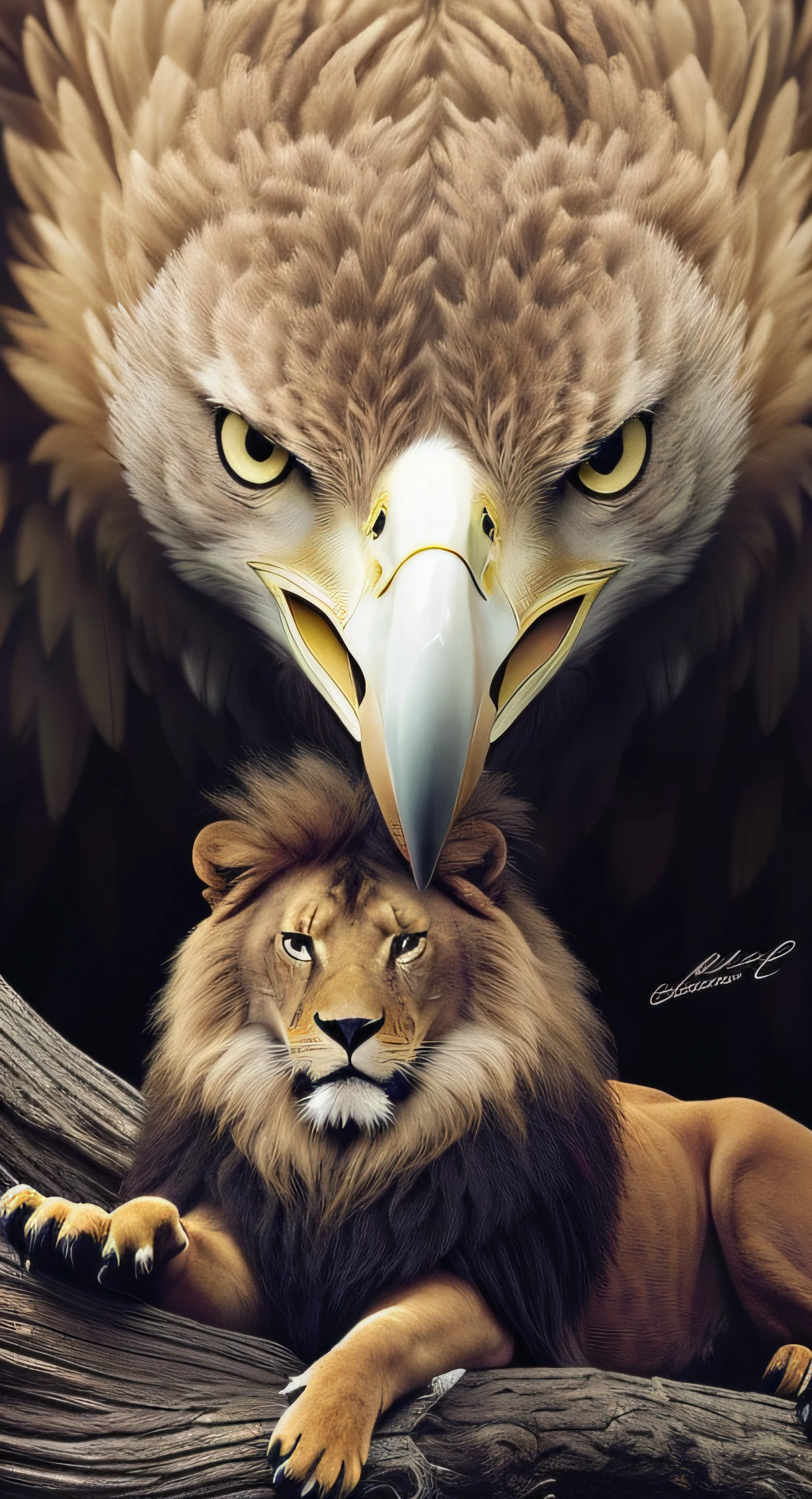 There is a big eagle and a lion lying on a tree branch, majestoso!!! Beautiful!!!, olhar orgulhoso, eagle eat snake, eagles, Directed by: Tahir Salahov, Falvie, quadro emocional, with the beak of an eagle, beautiful image ever created, arte bonita, Realistic!!!, proud serious expression, fierce expression