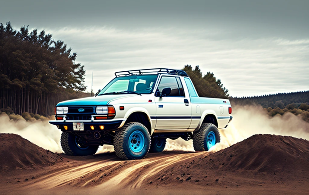 Old Subaru Brat lift kit off-road tires white and blue with Subaru construction logo on the side
