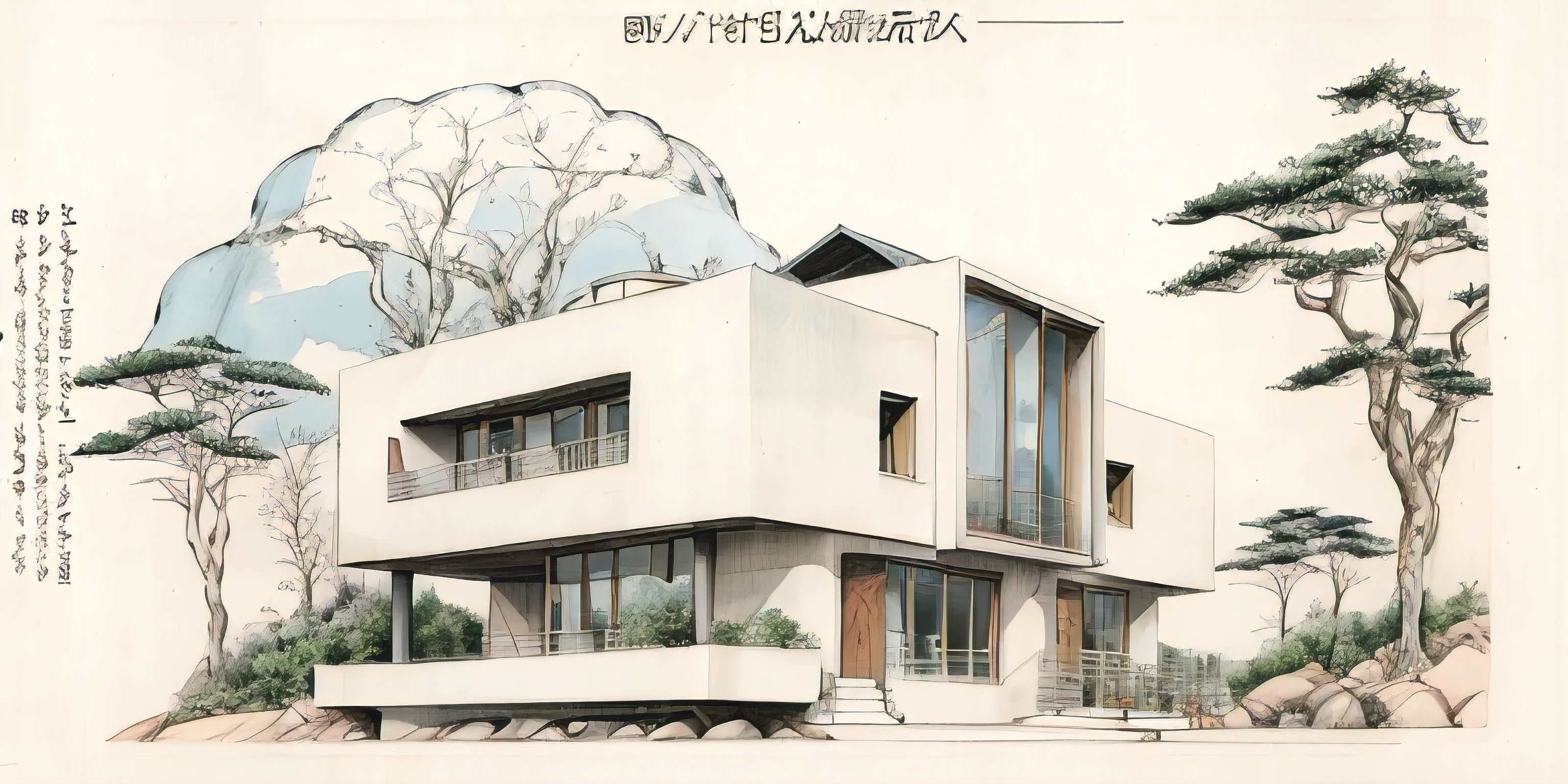 a drawing of a house with a lot of windows and a lot of trees, ( streamline moderne ), streamline moderne, architectural illustration, architecture drawing, by Enrique Grau, architectural rendering, detailed line drawing, japanese villa syd mead, architectural drawing, architectural sketch, architectural concepts, by Tadeusz Kantor, architectural concept, by Hans Fischer