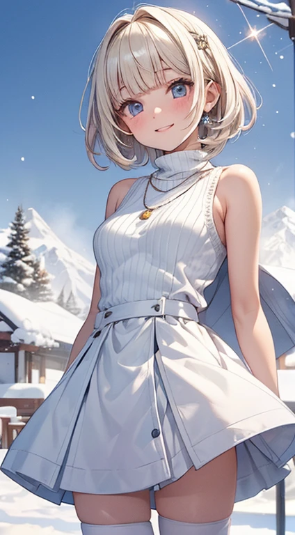 //Character
1girl, traveler to a resort in snow country , slim and soft, medium large breast, ultra detailed face, super cute,innocent, round face, thin eyeblow, sparkly pupils, translucent skin, smiling full of compassion, extra short hair , blonde hair , multi color hair, shaggy bangs,
BREAK
//Fashion
snowy mountain resort attire
Her outfit is styled with images of white snow and winter fairies
pure white knee length knitted dress , sleeveless, turtle neck,
tiny glossy necklace, hair ornament,
BREAK
at the resort hotel in the snowy mountain, sunny day