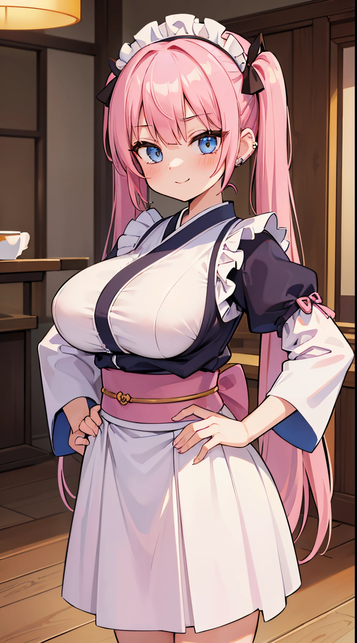 (masterpiece、top-quality、ultra-detailliert)、((1 girl))、((Pink hair twin tails))、light blue eyes、evilsmile、piercings、((very Bigger breasts))、kimono maid、cowboy shot、Hands on Hips、POV、Coffee shop background