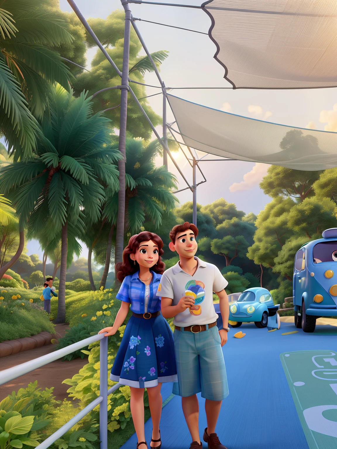 Um casal mulher e homem no estilo disney pixar, iluminado pela luz do sol, Against the backdrop of greenery