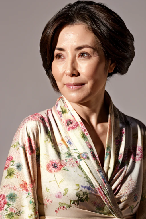 (kimono、shoulder)realskin、photoRealstic、Photos of one person only、Beautiful Japan woman at 55 years old、Wrinkles at the corners of the eyes are noticeable、Wrinkles on the tear bag are noticeable、Wrinkles around the eyes are noticeable、Noticeable wrinkles on the nape of the neck and noticeable fine lines on the face、Sagging or wrinkles on the face or body:、Beautiful 55 year old Japan woman posing for photo、美丽的面容、Photograph the whole body、Hair collection、Married Woman Model、Realistic, sensual and sophisticated gravure 55 year old mature woman、