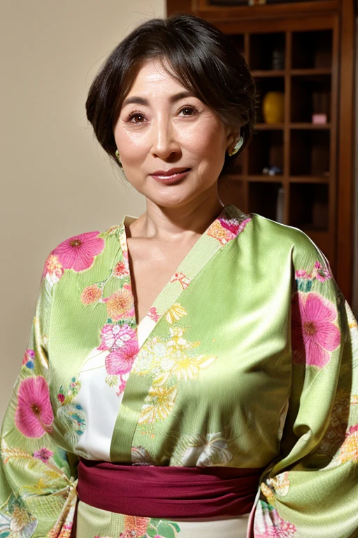 (kimono、shoulder)realskin、photoRealstic、Photos of one person only、Beautiful Japan woman at 55 years old、Wrinkles at the corners of the eyes are noticeable、Wrinkles on the tear bag are noticeable、Wrinkles around the eyes are noticeable、Noticeable wrinkles on the nape of the neck and noticeable fine lines on the face、Sagging or wrinkles on the face or body:、Beautiful 55 year old Japan woman posing for photo、美丽的面容、Photograph the whole body、Hair collection、Married Woman Model、Realistic, sensual and sophisticated gravure 55 year old mature woman、