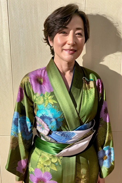 (kimono、shoulder)realskin、photoRealstic、Photos of one person only、Beautiful Japan woman at 55 years old、Wrinkles at the corners of the eyes are noticeable、Wrinkles on the tear bag are noticeable、Wrinkles around the eyes are noticeable、Noticeable wrinkles on the nape of the neck and noticeable fine lines on the face、Sagging or wrinkles on the face or body:、Beautiful 55 year old Japan woman posing for photo、美丽的面容、Photograph the whole body、Hair collection、Married Woman Model、Realistic, sensual and sophisticated gravure 55 year old mature woman、