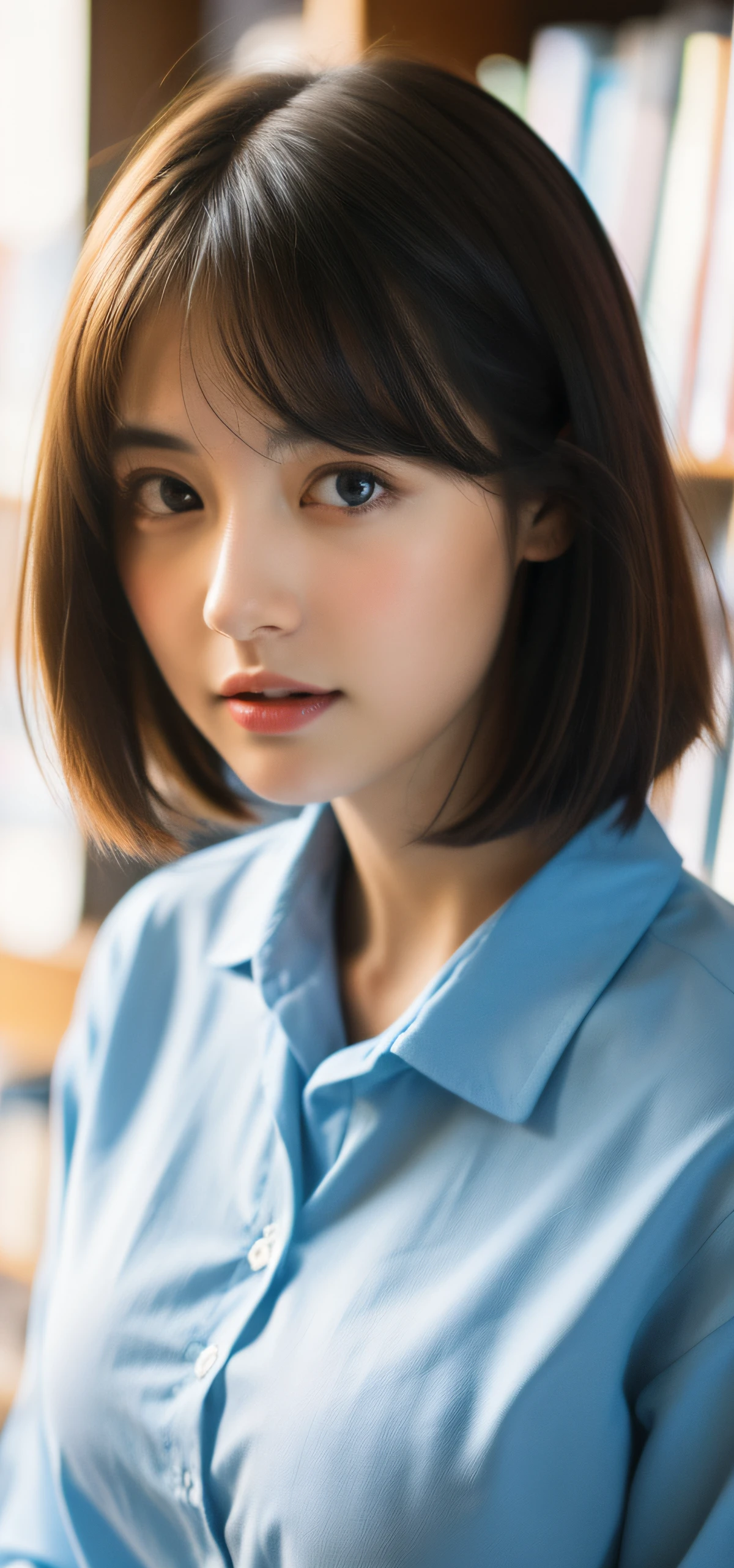masutepiece, Best Quality, 8K, 18 yo, (large full breasts:1.2), open your mouth to say something, book shop, cute little, Solo, sad, close up, Cute, Girly, Delicate girl, Neat and clean beauty, Raw photo, Professional Photography, Portrait, Soft light, Professional Lighting, Back lighting, Sophisticated, Film grain, (Eyes and faces with detailed:1.0), Short-length floating hair , Beautiful flowing hair, Collared shirt