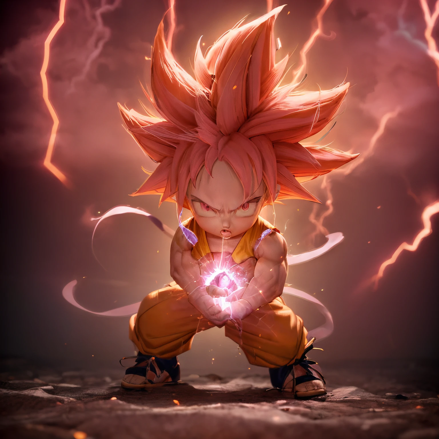 Realistic portrait of little Goku with pink hair and orange outfit, blanc, pink, Lightning energy, Radiant pink beam , A realistic Nendoroid movie of Son Goku, Dragon Ball Cinema Artsloop movie, son goku, Concept art for Dragon Ball Cinema, Realistic Dragon Ball cinema style, Coco is a child who transforms into a Saiyan with pink hair , Realistic 4K cinematic style, Super Saiyan Goku costume with orange-pink hair, Cinema, Lightning and pink energy beam , Super Saiyan, Epic cinema style, High-quality fan art