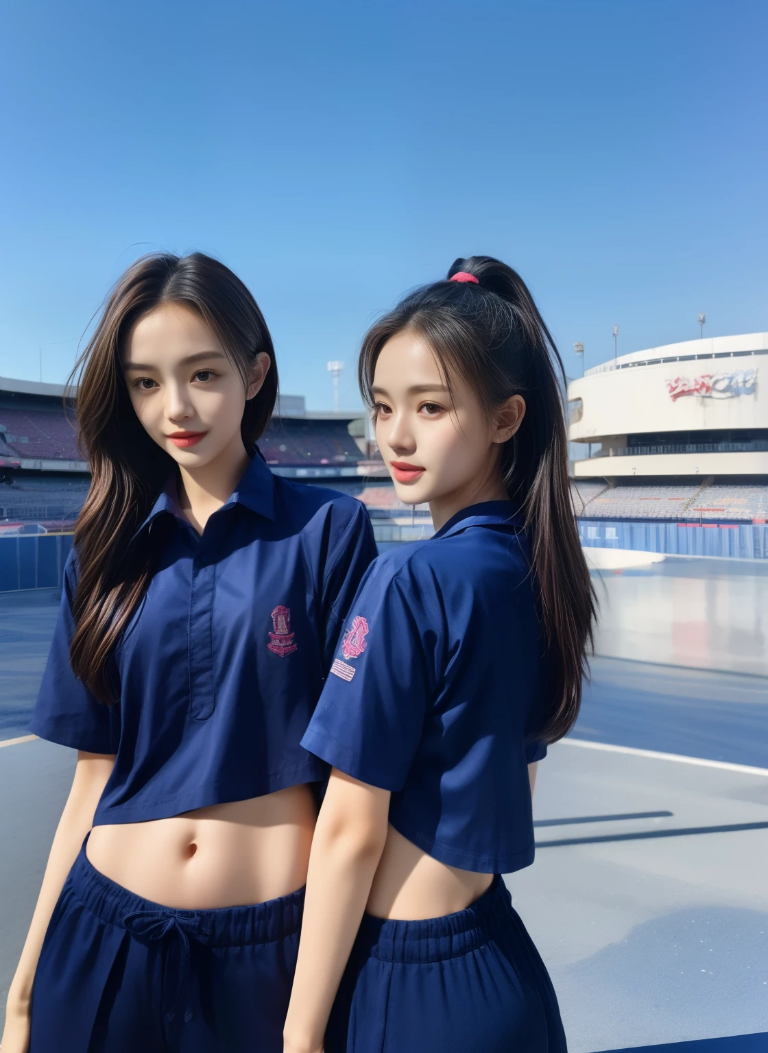 (bestquality,10,10,highres,masterpiece:1.2),ultra-detail,(Realistic,photorealistic portrait,photo-realistic:1.37),1 Cute girl in the football field,oily shiny skin,bara,light smile,BDclothes,((blue shirt:1.3)),short sleeves,shirt, trousers.,(navy_long_Pants Track:1.1), ((Stadium Background:1.3)),dynamic angle,excited,face focus,Dynamic Poses,from behide,Ass Focus,masterpiece, bestquality, ultra realistic, hyper-detail, 8k resolution, RAW photo, crisp focus, ((Navy blue shirt:1.1)), short sleeves, Long Path, Perfect body, 2 mature women, 18yo, cinematic light,Blue sweatpants,Gymware,Correct anatomy,Complete body, Correct body, sharp face, Anatomically correct body, full entire body, Realistic gestures, long-haired, Realistic poses,Wear long shorts..........................,Long leg span,Shapely,Sculpting Girl, Slender Figure, mannequin mannequins, Shapely, Beautiful body,Blue sweatpants, Two girls kissing