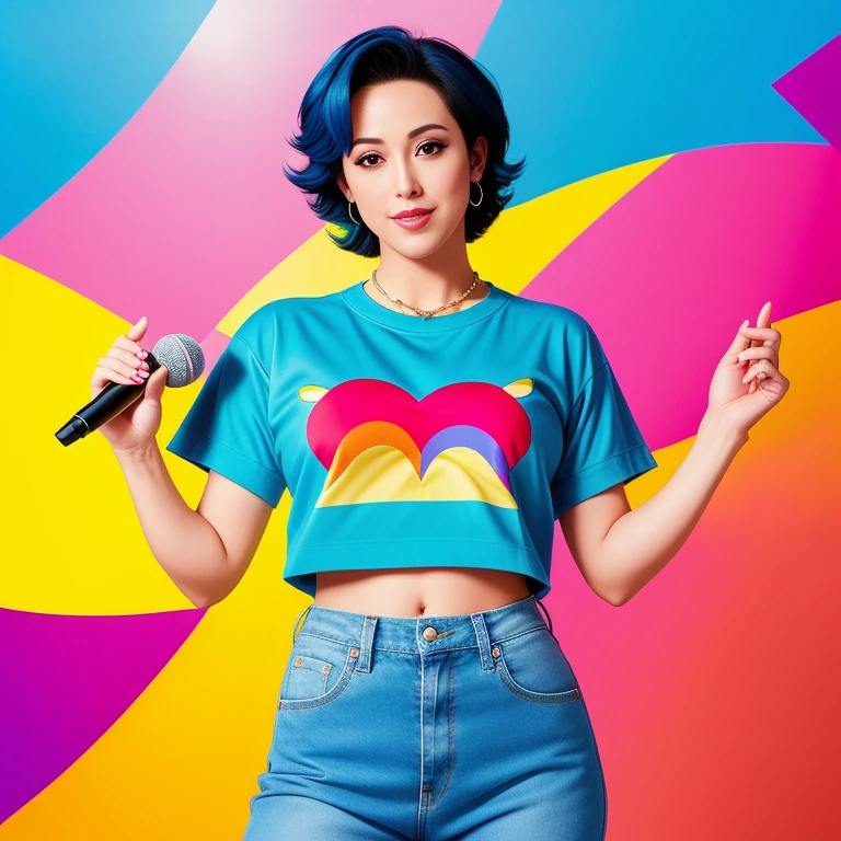 "(Mature and realistic portrayal:1.2) Sailor Mercury exuding confidence as she holds a microphone, her blonde hair cascading down, adorned in stylish rainbow denim clothes from the 2000s, with a backdrop filled with donuts."