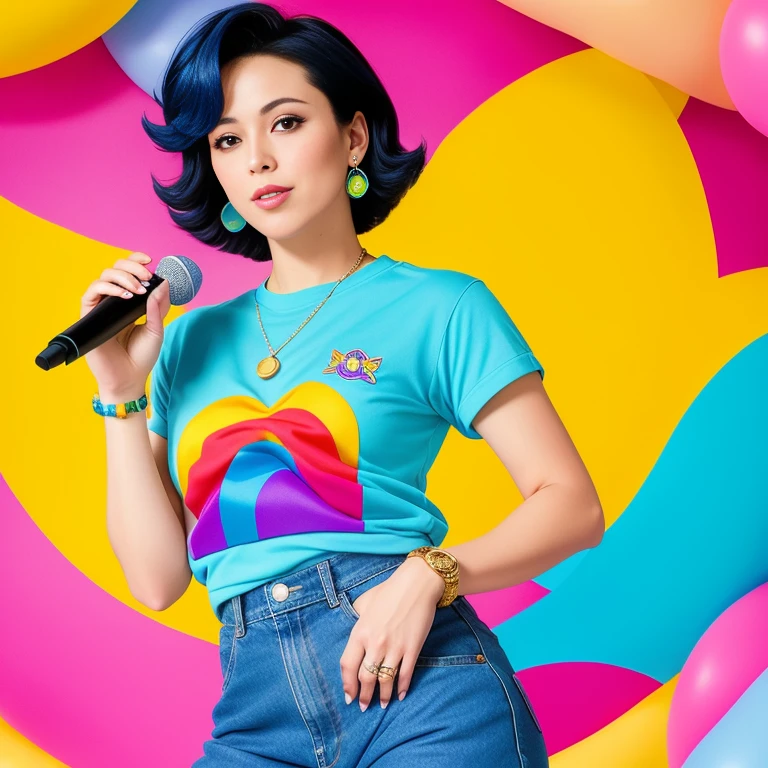 "(Mature and realistic portrayal:1.2) Sailor Mercury exuding confidence as she holds a microphone, her blonde hair cascading down, adorned in stylish rainbow denim clothes from the 2000s, with a backdrop filled with donuts."