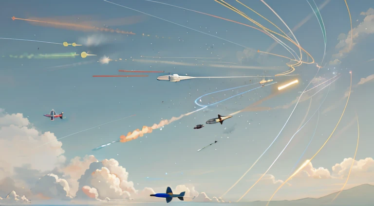 There are many kites in the sky,There are a lot of lights, laser in flight, missiles explosions in the sky, wires flying in the air, emitting spore clouds, Condensation trails, flying particles, missile, flares anamorphic, light streaks in the sky, Drones in the sky, anamorphic flares, video static, boost flare, Particles are flying