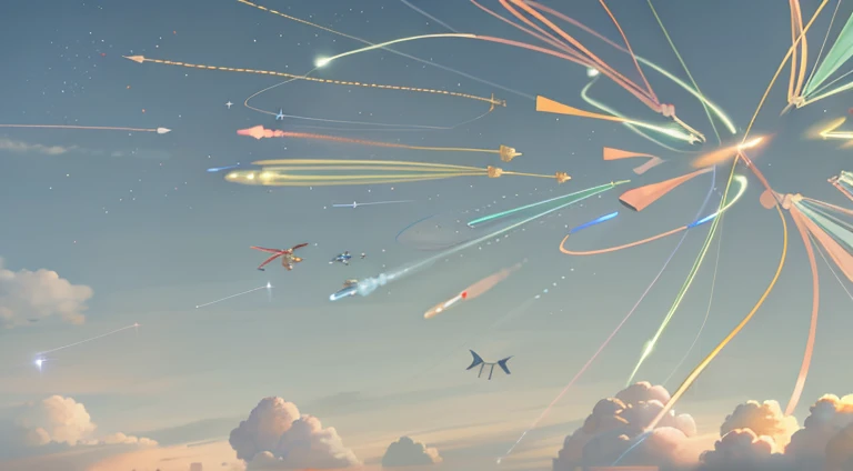 There are many kites in the sky,There are a lot of lights, laser in flight, missiles explosions in the sky, wires flying in the air, emitting spore clouds, Condensation trails, flying particles, missile, flares anamorphic, light streaks in the sky, Drones in the sky, anamorphic flares, video static, boost flare, Particles are flying