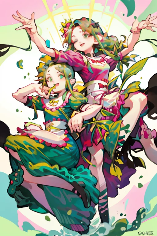 tmasterpiece, Best quality, multiple girls, 2 girls, Brown hair, Trida Damai, There is cleavage, Green-eyed, Rino Nishida, a skirt, with her mouth open, aprons, waist apron, Brown eyes, ssmile, Liwugan, hand on hips, Green dress, short- sleeved, Green hair, looking at viewert, bamboos, bobbed long hair, Fluffy sleeves, purple dress, puffy short sleeves, ribbons, the bow, Pink skirt,Dance movements,dynamic action,overlooks,confident smile,Open your mouth and laugh,opens his eyes wide,Handheld bamboo,holding leaves