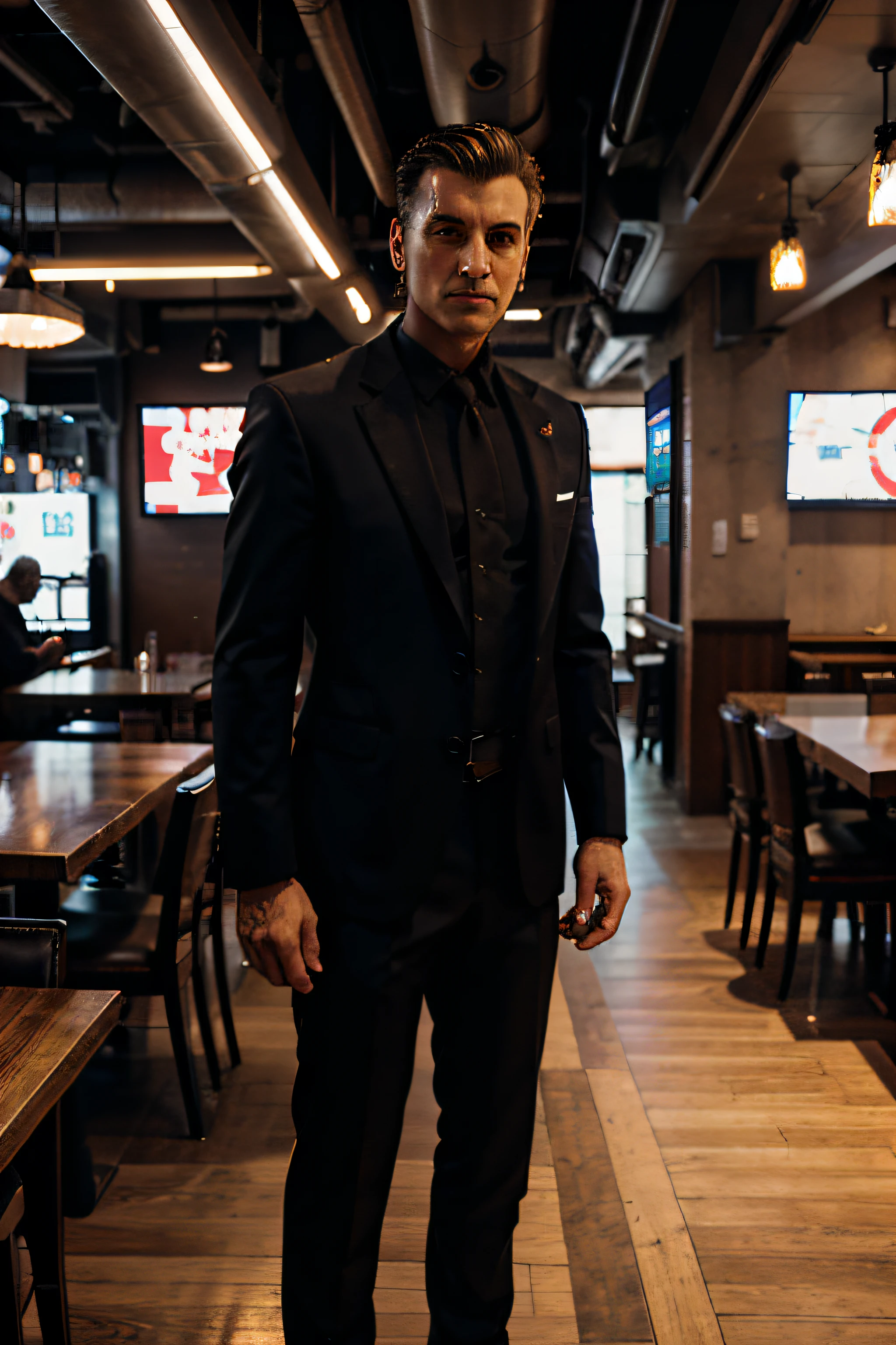 man in suit standing in a restaurant, cyberpunk, realistic