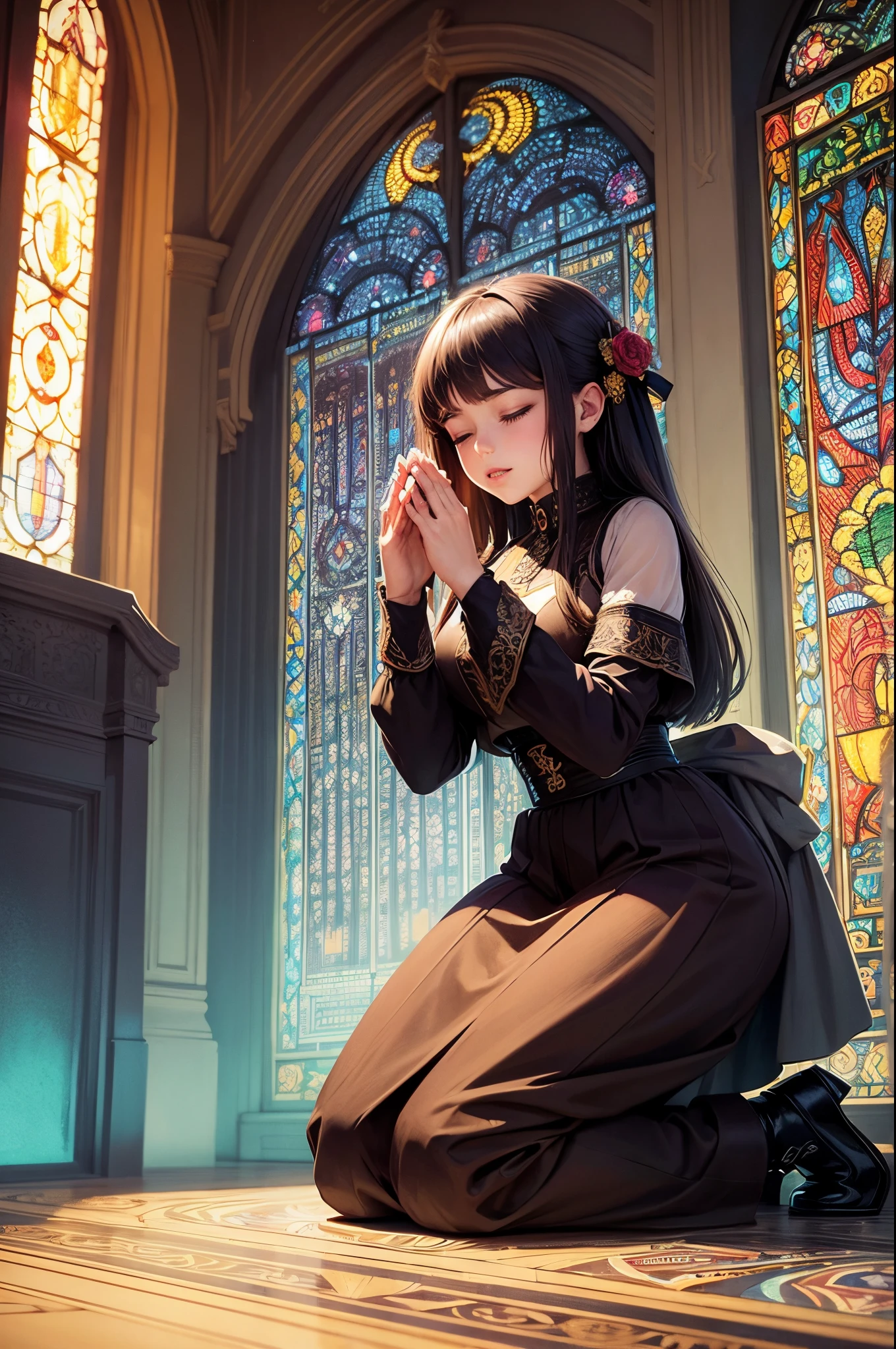 (masterpiece, top quality, best quality,official art, beautiful and aesthetic:1.2),(1girl:1.3), 1girl BREAK stained glass art, colored glass, lead lines, light transmission BREAK vibrant colors, intricate designs, luminous effects, spiritual ambiance, kneeling, eyes closed, praying hands