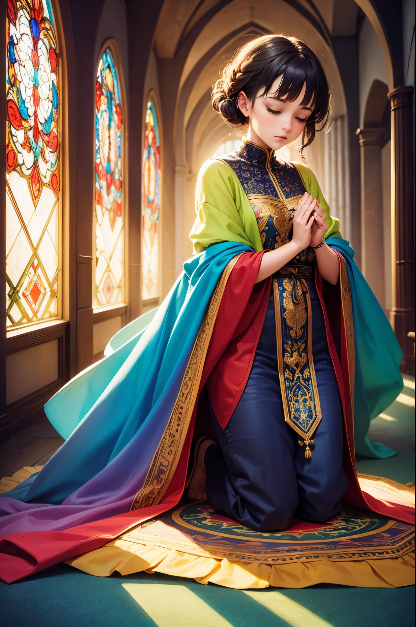 (masterpiece, top quality, best quality,official art, beautiful and aesthetic:1.2),(1girl:1.3), 1girl BREAK stained glass art, colored glass, lead lines, light transmission BREAK vibrant colors, intricate designs, luminous effects, spiritual ambiance, kneeling, eyes closed, praying hands