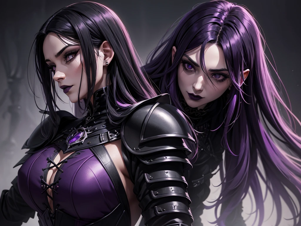 An adult vampire wizard character wearing a very detailed and beautiful gothic armor in black and purple color. Seu cabelo com corte em estilo curto, black lip color, cor roxa dos olhos;, manto, capuz, caminhando, 8k, Magnificent, Black and purple Gothic armor, capa