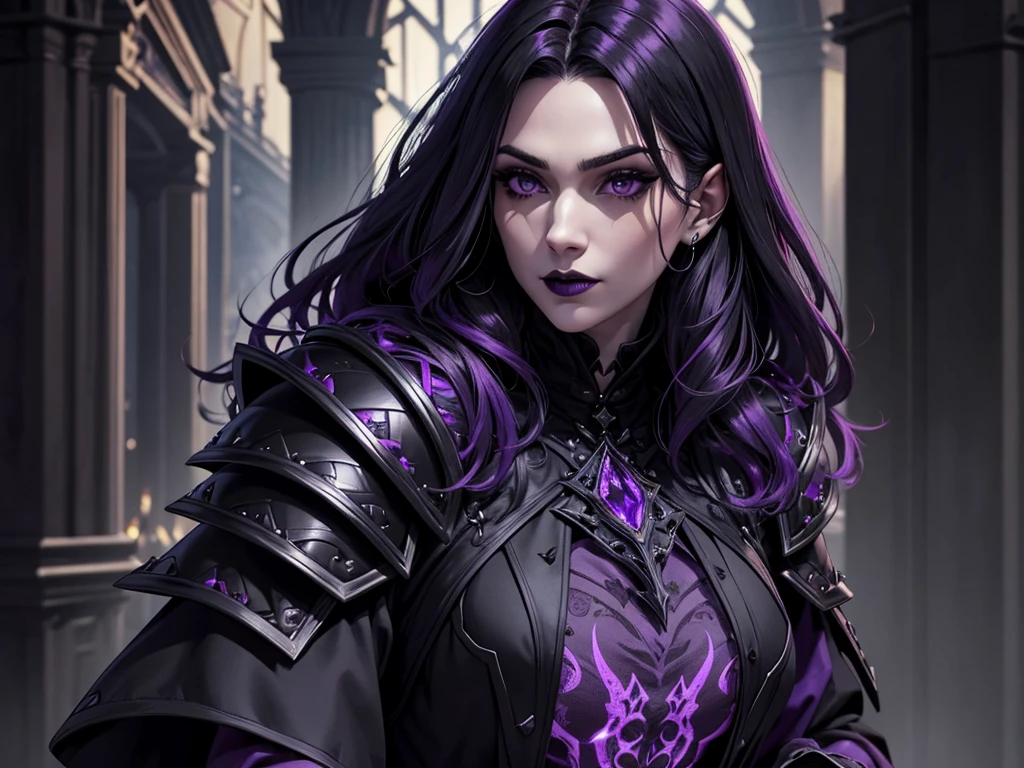An adult vampire wizard character wearing a very detailed and beautiful gothic armor in black and purple color. Seu cabelo com corte em estilo curto, black lip color, cor roxa dos olhos;, manto, capuz, caminhando, 8k, Magnificent, Black and purple Gothic armor, capa