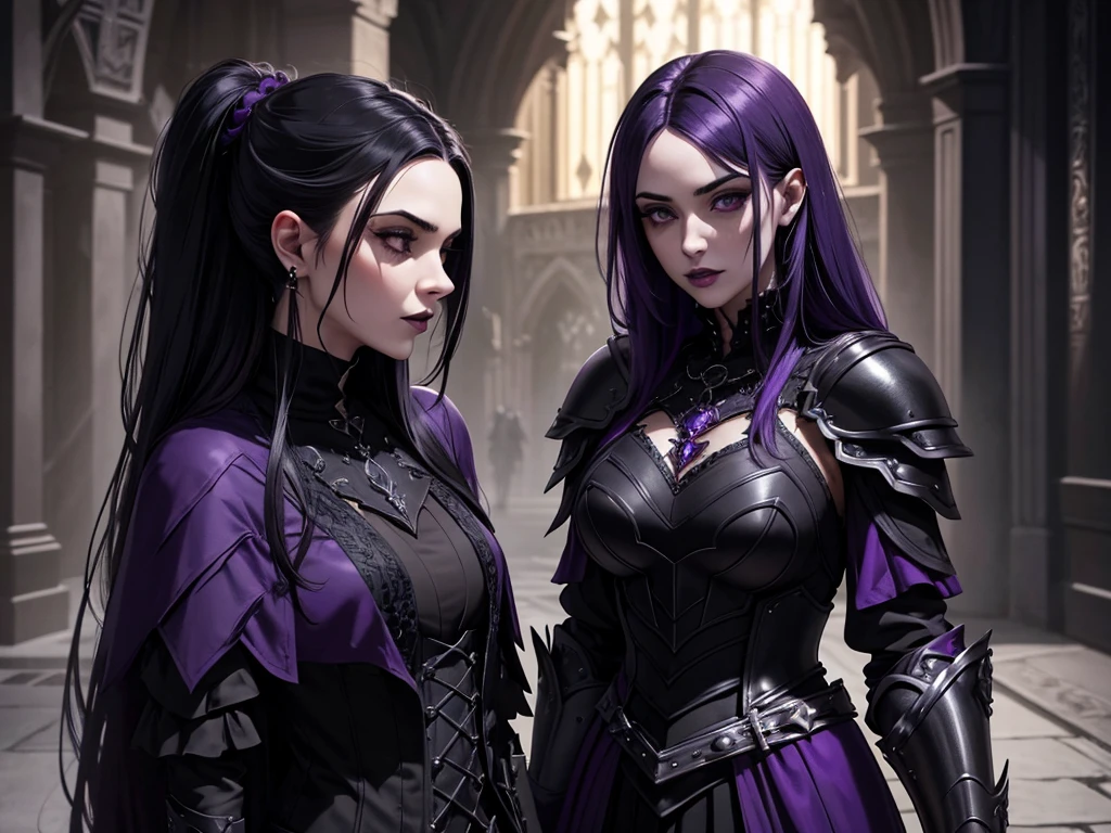An adult vampire wizard character wearing a very detailed and beautiful gothic armor in black and purple color. Seu cabelo com corte em estilo curto, black lip color, cor roxa dos olhos;, manto, capuz, caminhando, 8k, Magnificent, Black and purple Gothic armor, capa
