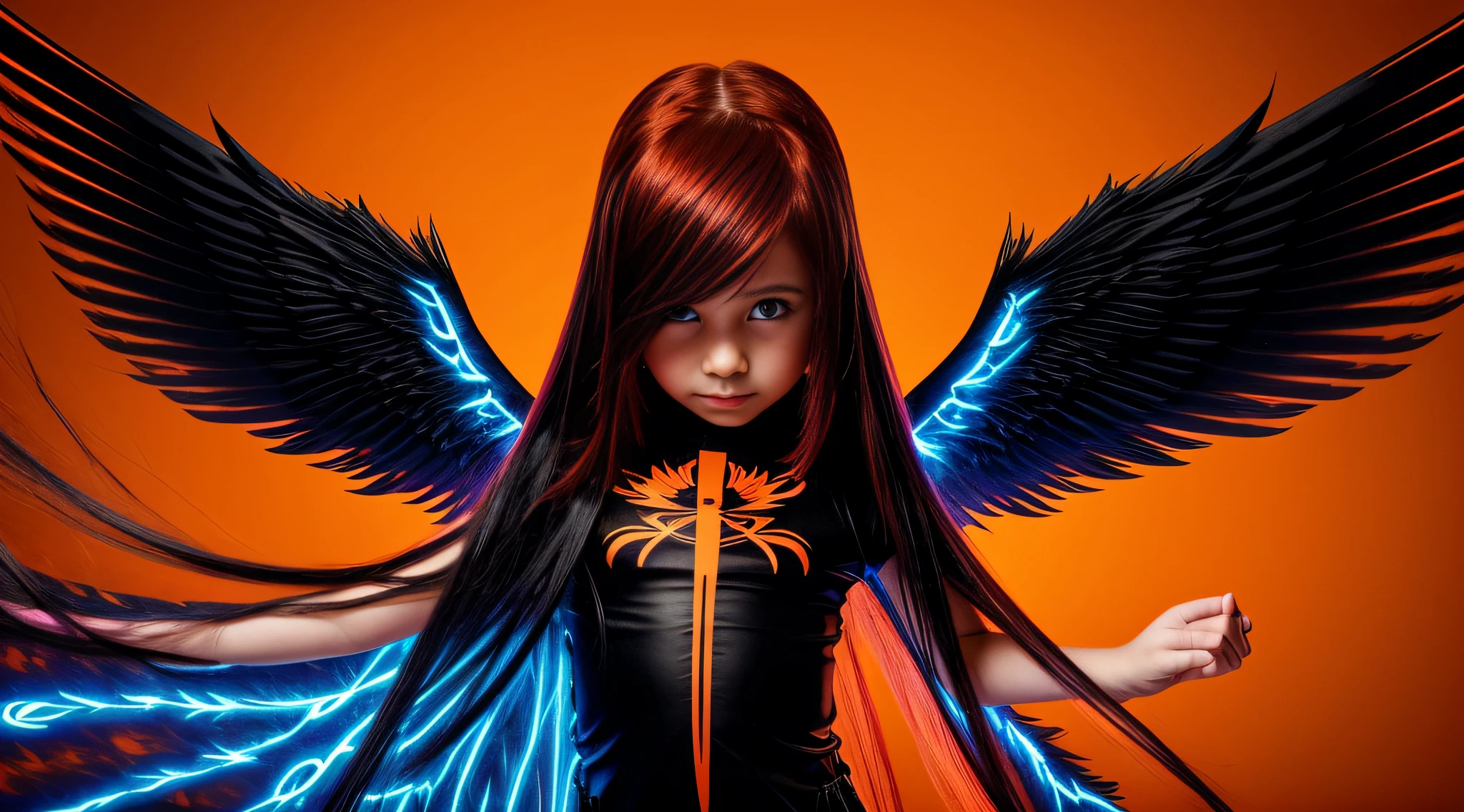 FIREHAIR child girl LONG HAIR, com asas em um fundo LARANJA, Asas pretas ligeiramente queimadas, Asas Negras, lasers azuis, fundo preto. neon cross,