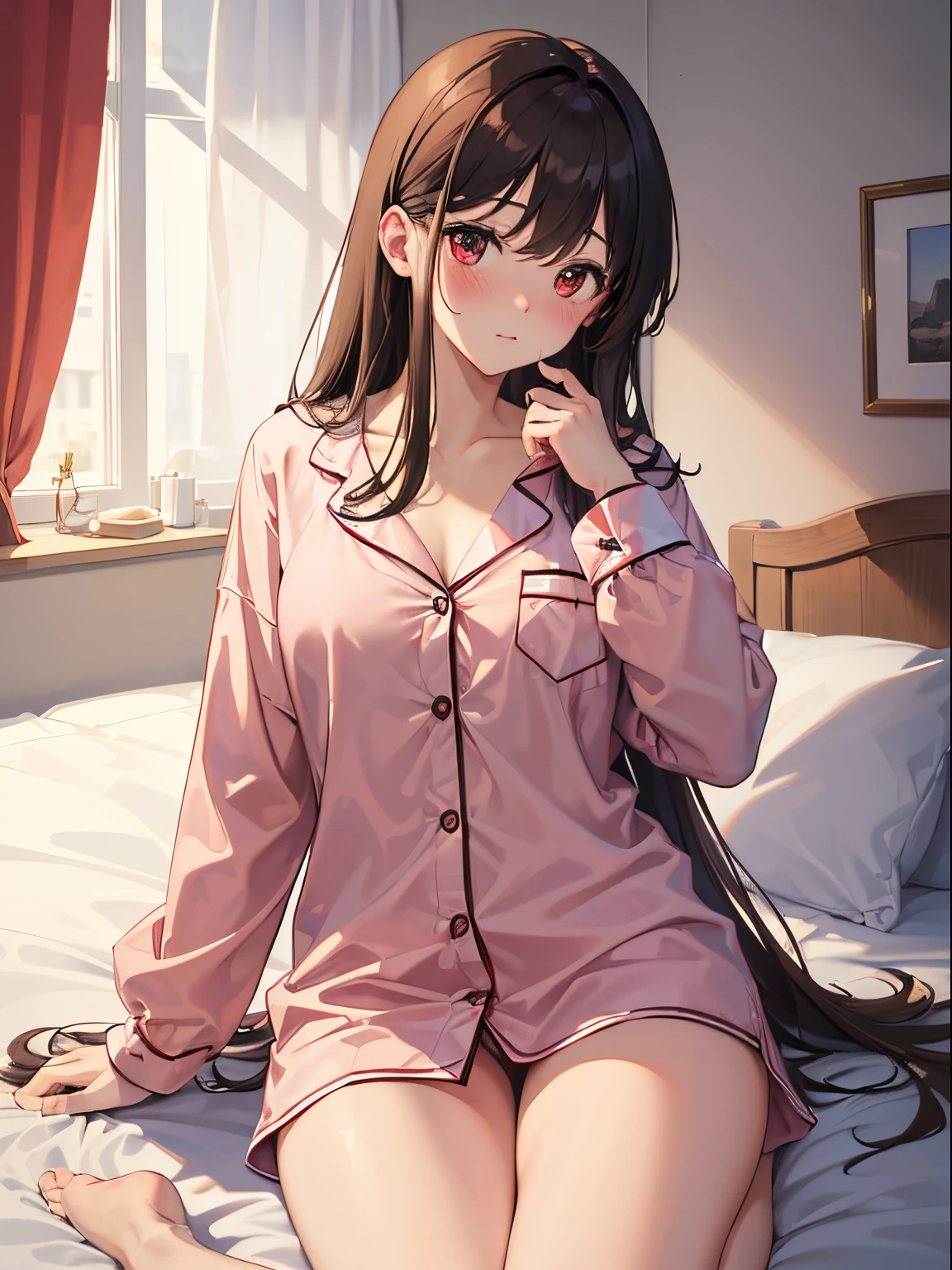 ((4K, ​master piece, Best Quality)), 1girl in, Light brown SHRT hair, Red Eyes, center parted hair, medium breasts⁩, Cute, blush, sleepover, pajamas, exposed, bedroom, night, cold