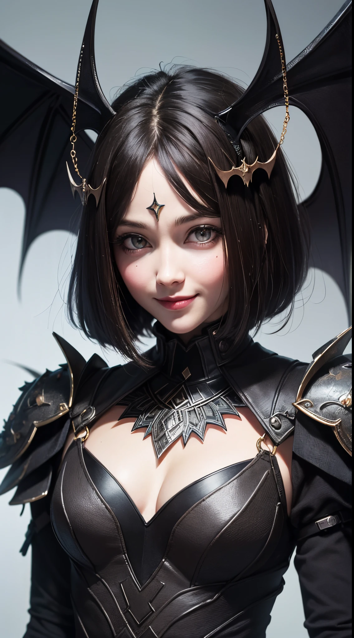 eye reflection, smile, bat hair ornament, UHD, retina, masterpiece, ccurate, anatomically correct, textured skin, super detail, high details, high quality, best quality, highres, 1080P, HD, 4K, 8k, 16k