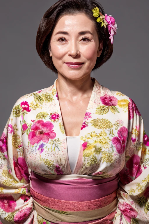 kimono、huge tit、realskin、photoRealstic、Photos of one person only、Beautiful Japan woman at 55 years old、Wrinkles at the corners of the eyes are noticeable、Wrinkles on the tear bag are noticeable、Wrinkles around the eyes are noticeable、Noticeable wrinkles on the nape of the neck and noticeable fine lines on the face、Sagging or wrinkles on the face or body:、Beautiful 55 year old Japan woman posing for photo、美丽的面容、Photograph the whole body、Hair collection、Married Woman Model、Realistic, sensual and sophisticated gravure 55 year old mature woman、