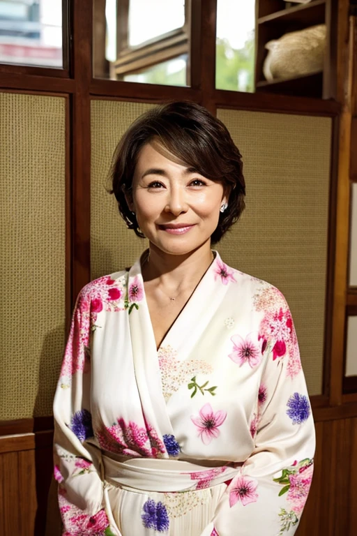kimono、huge tit、realskin、photoRealstic、Photos of one person only、Beautiful Japan woman at 55 years old、Wrinkles at the corners of the eyes are noticeable、Wrinkles on the tear bag are noticeable、Wrinkles around the eyes are noticeable、Noticeable wrinkles on the nape of the neck and noticeable fine lines on the face、Sagging or wrinkles on the face or body:、Beautiful 55 year old Japan woman posing for photo、美丽的面容、Photograph the whole body、Hair collection、Married Woman Model、Realistic, sensual and sophisticated gravure 55 year old mature woman、