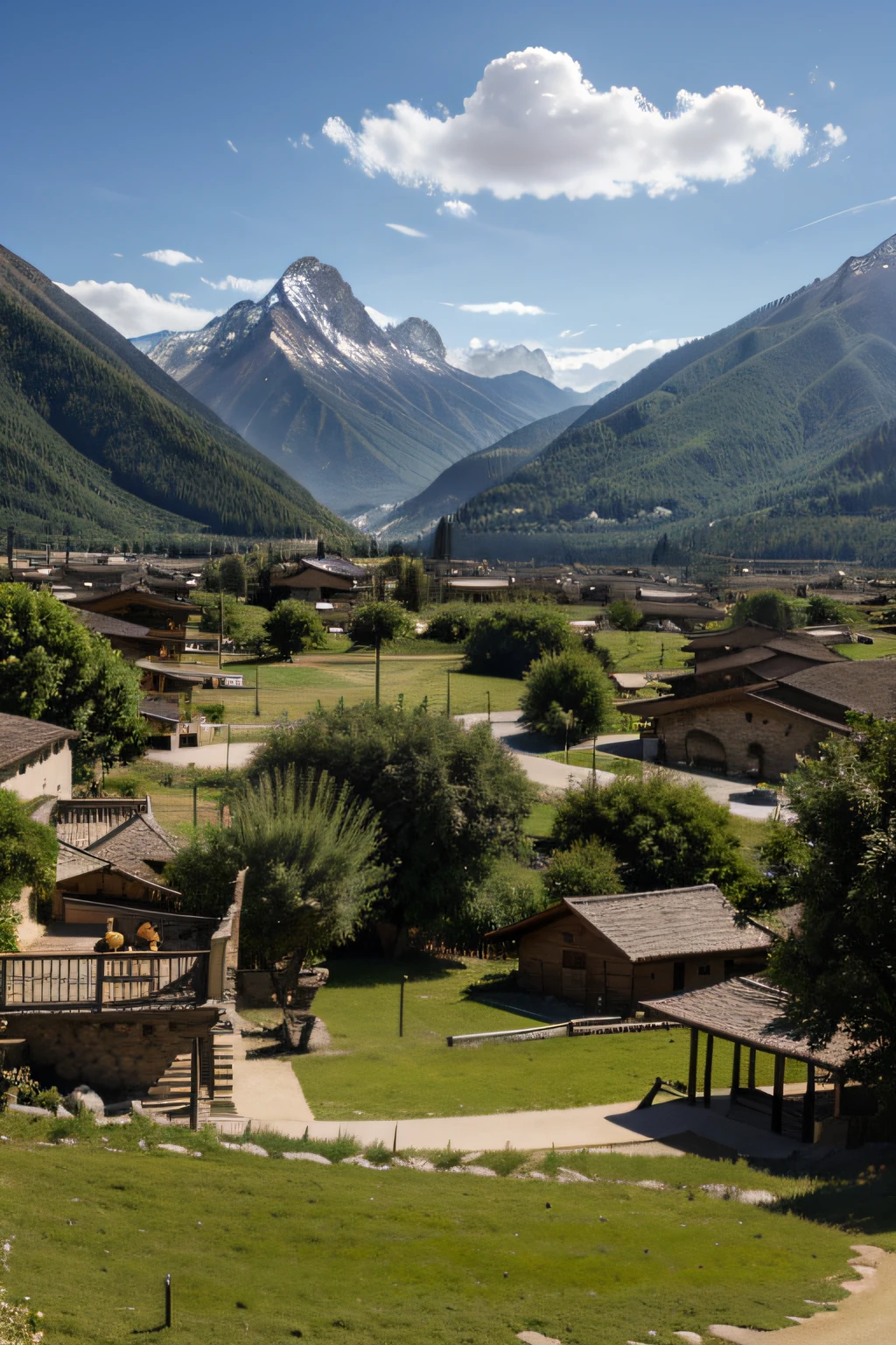 The background is the mountains in the distance，In the middle is the village.
