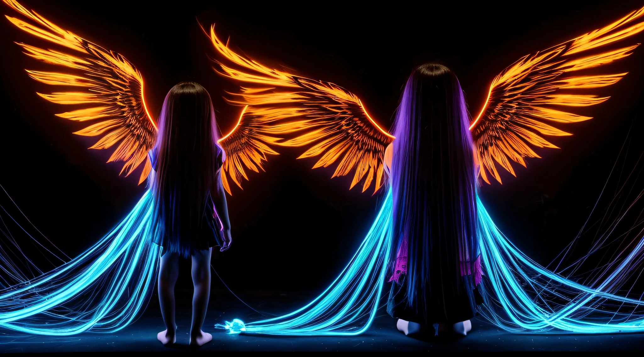 FIREHAIR child girl LONG HAIR, com asas em um fundo LARANJA, Asas pretas ligeiramente queimadas, Asas Negras, lasers azuis, fundo preto. neon cross,