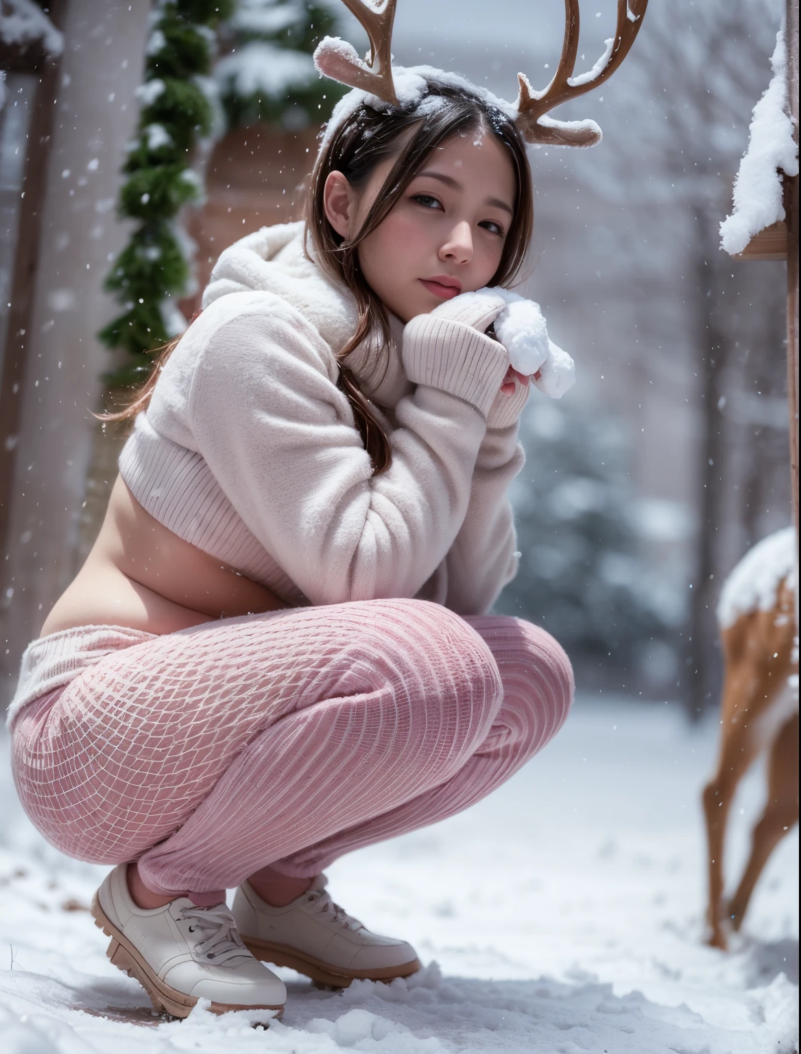 arafed woman squatting in a pink bikini and white socks posing in the snow, with a Christmas deer in the background, snow on the body, in the snow, covered in snow, snowing outside, only snow in the background, irina nordsol kuzmina, in snow, covered in ice, outside in snow snowing, blonde goddess, cold snow outside, standing in the snow, anna nikonova aka newmilky. 'captured from side,' side view