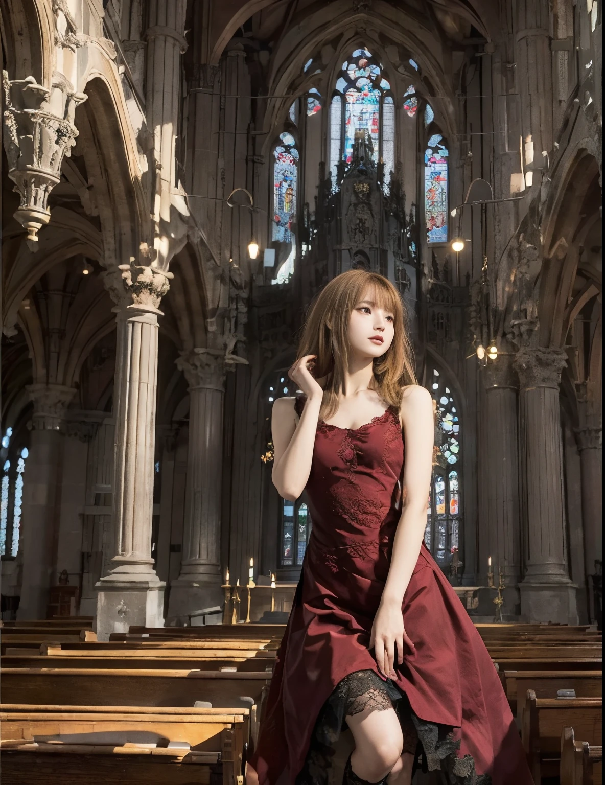 (top-quality), Realistic, (real picture, Intricate details, depth of fields), highly detailed, Detailed skin, (((gorgeous dark red dress:1.2, long, sleeveless, Lace))), (((Small chest:1.4))), (neat face, Parted lips, Looking forward, emwt), (Japanese college girl standing in a big church, open stance), (Long blonde hair:1.2, One-length hairstyles), Fair skin, stain glass, Hard lighting, low angle shot:1.2, full body shot