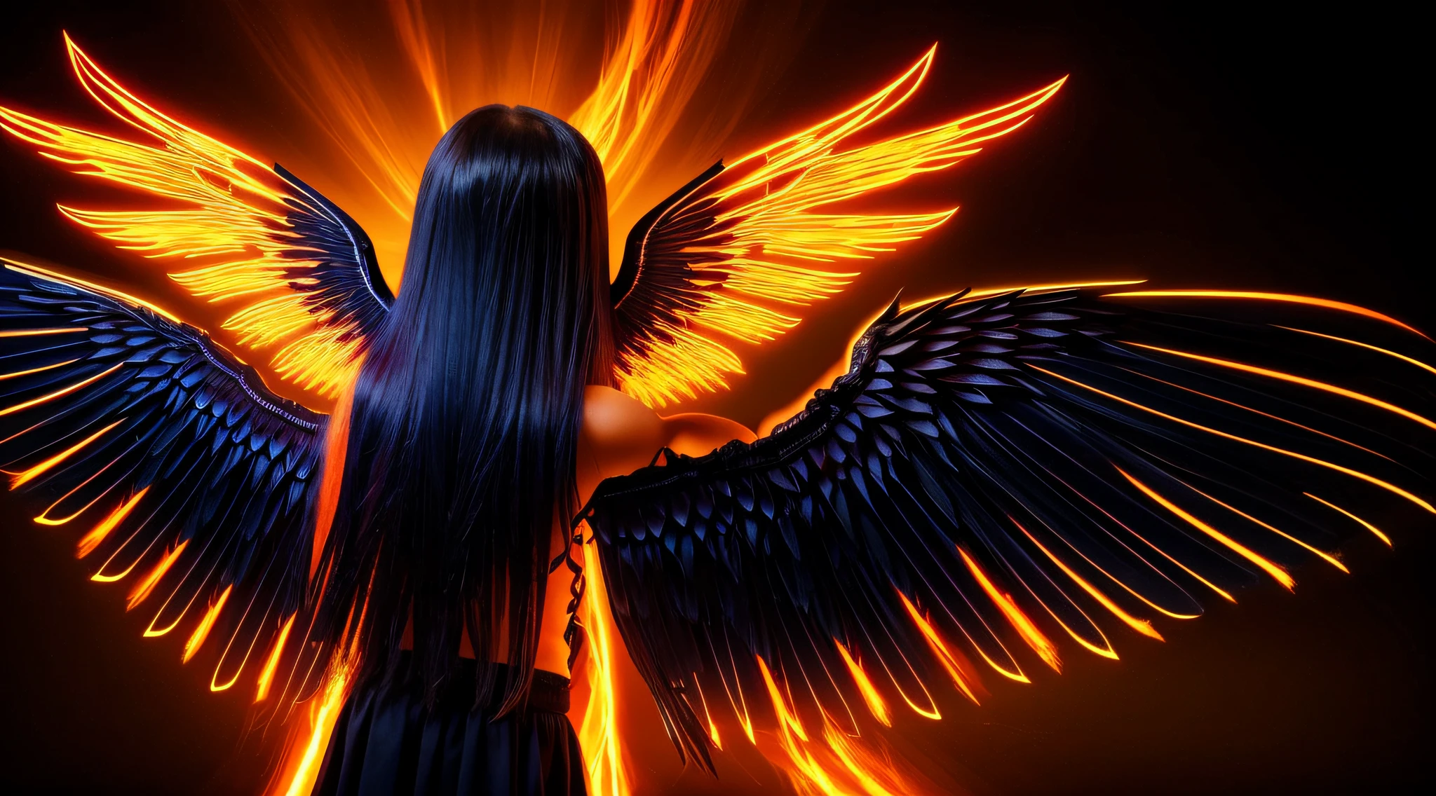 FIREHAIR child girl LONG HAIR, com asas em um fundo LARANJA, Asas pretas ligeiramente queimadas, Asas Negras, lasers azuis, fundo preto. neon cross,