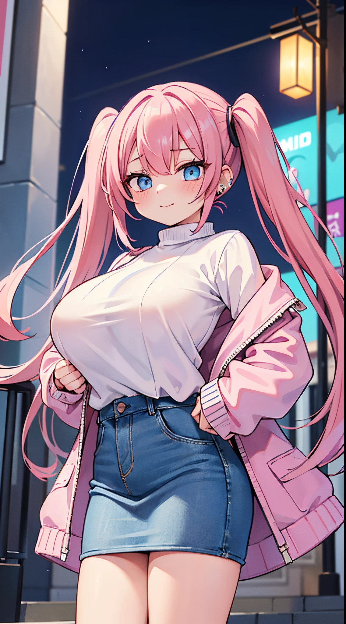 (masterpiece、top-quality、ultra-detailliert)、((1 girl))、((Pink hair twin tails))、light blue eyes、evilsmile、piercings、((very Bigger breasts))、White knitwear、pink long coat、denim mini pencil skirt、brown long boots cowboy、City background