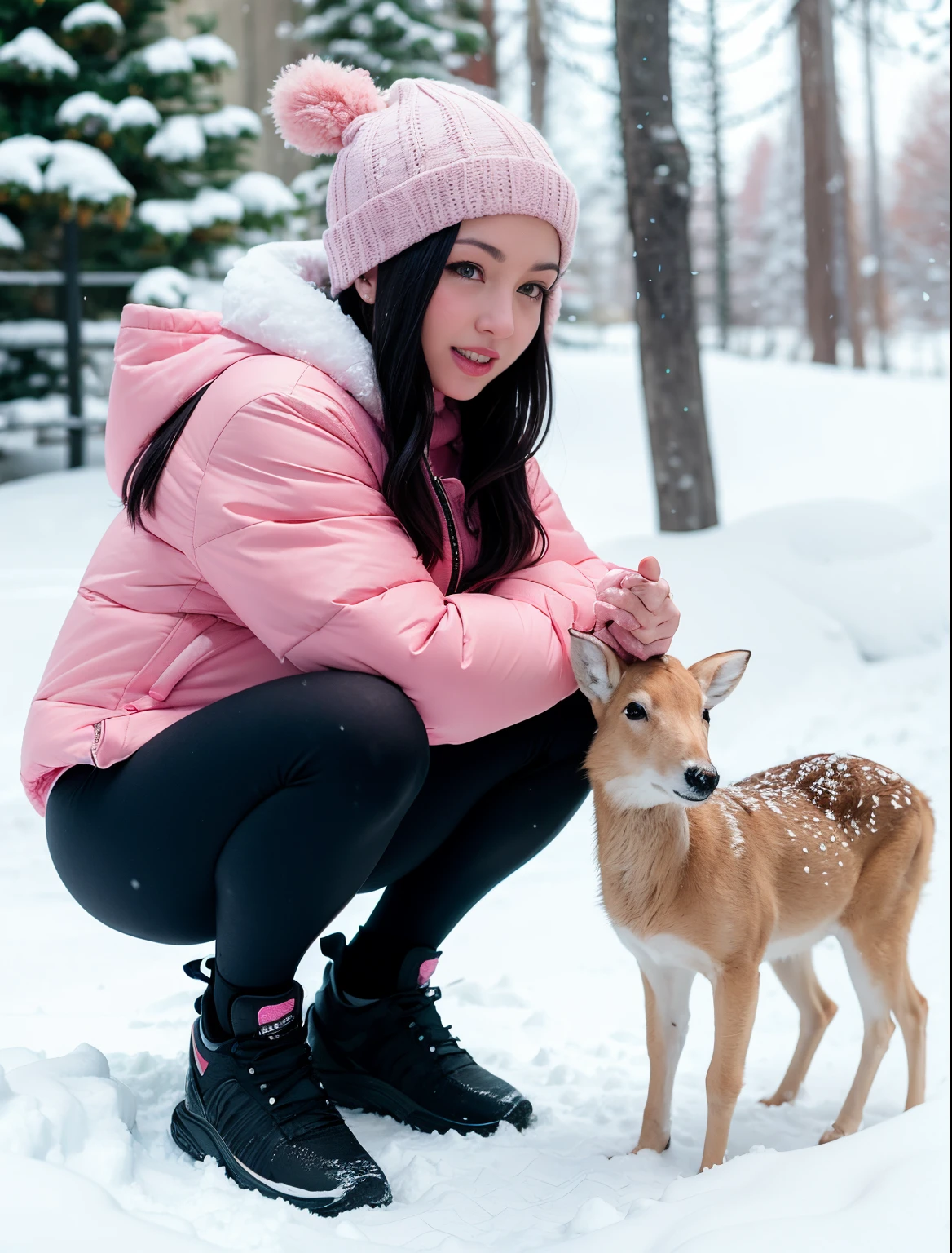 arafed woman squatting  in a pink bikini and white socks posing in the snow, with a Christmas deer in the background, snow on the body, in the snow, covered in snow, snowing outside, only snow in the background, Selena Gomez , in snow, covered in ice, outside in snow snowing, blonde goddess, cold snow outside, standing in the snow, . Side view