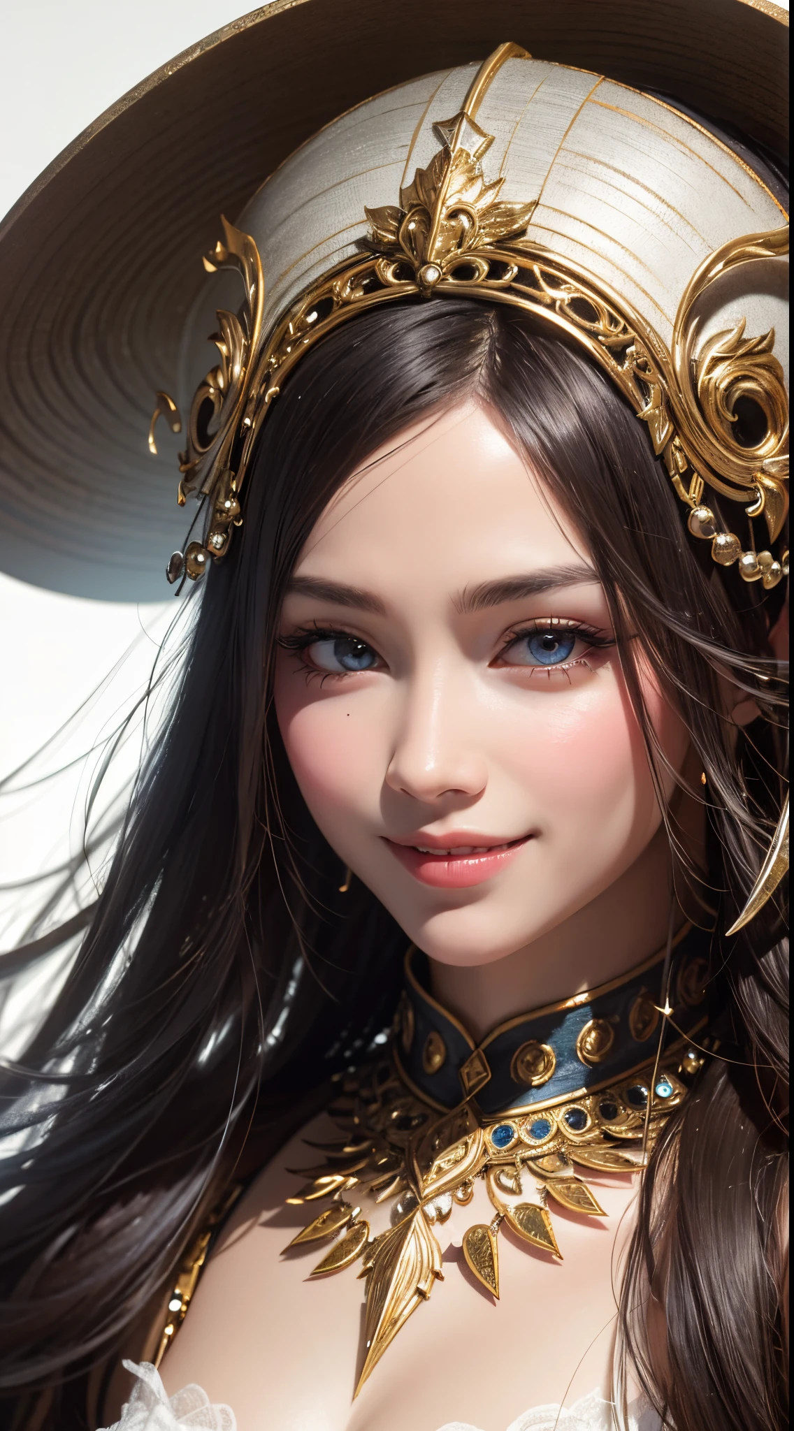 eye reflection, smile, bone hair ornament, UHD, retina, masterpiece, ccurate, anatomically correct, textured skin, super detail, high details, high quality, best quality, highres, 1080P, HD, 4K, 8k, 16k