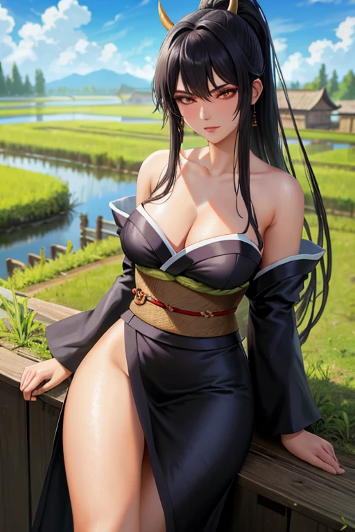 best quality, high resolution, different image, detailed background, woman, medium breasts, random wear, long black hair, next to a rice paddy, daytime, dutch angle, long throw, serious look, imposing, sensual, Oni female wearing a peasant kimono outfit