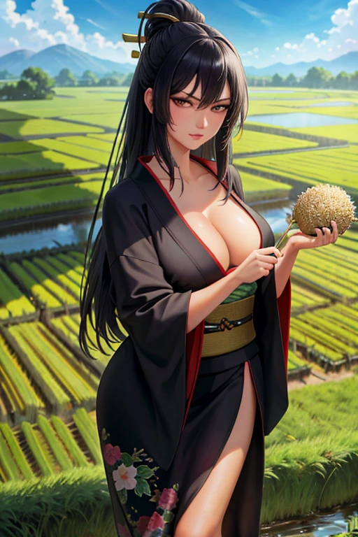 best quality, high resolution, different image, detailed background, woman, medium breasts, random wear, long black hair, next to a rice paddy, daytime, dutch angle, long throw, serious look, imposing, sensual, Oni female wearing a peasant kimono outfit