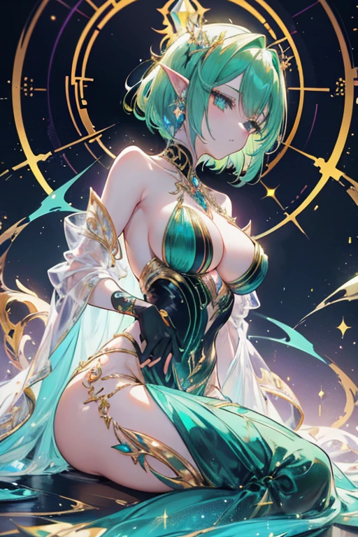 An emerald haired female alien with golden reptilian eyes and purple scales along her jawline with an hourglass figure and short hair has golden piercings along the edge  of her pointed ears. . She is wearing a fancy gold gown in a party