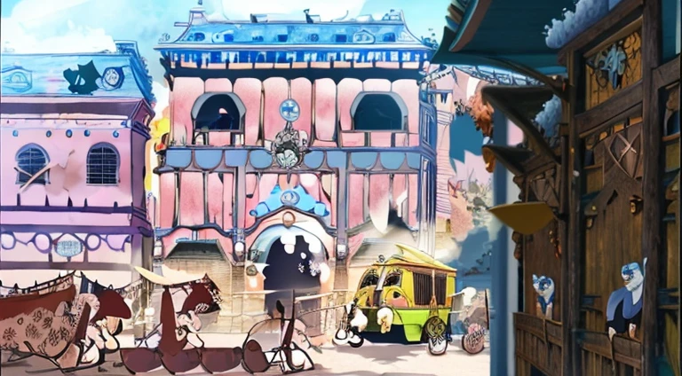 Cartoon scene of carriages and carriages in town, Anime maid riding an early tank, Screenshot of the animated movie, Crowded hostel in the background, in the anime film, Small town background, reincarnated as a slime, Today’s recommended anime is still, anime scene, Renaissance port city background, Bustling magic town