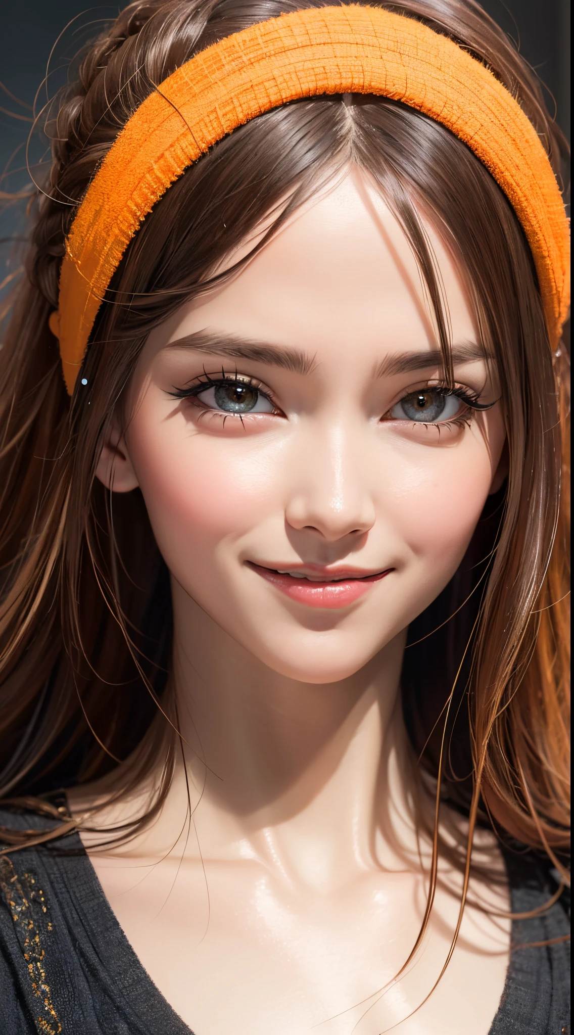 eye reflection, smile, orange hairband, UHD, retina, masterpiece, ccurate, anatomically correct, textured skin, super detail, high details, high quality, best quality, highres, 1080P, HD, 4K, 8k, 16k