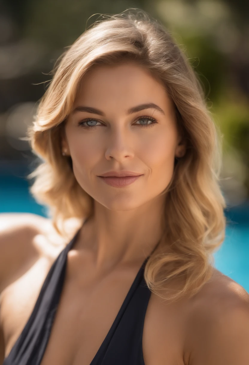 belle fille caucasienne blonde au cheveux court, cheveux court , fille europe , 25 ans , sans lunette , photoréaliste, photo, chef-d’œuvre, Réaliste, réalisme, photoréalisme, contraste élevé, Art numérique , Cour de Cveveux(8k, Photo brute, de la plus haute qualité) profondeur de champ, Bokeh, 8k, Hdr, rendu cinématographique, un portrait blonde , Encadrement à partir du nombril, vêtue d’un bikini , au bord d'une piscine,cinématique, couleurs délavées, en sourdine couleurs, film granuleux, lut, Détails fous, Détails complexes, hyperdétaillé, coucher de soleil, timidité, séduction, romantisme, regarde l’objectif de la caméra avec amour, pas de main visible