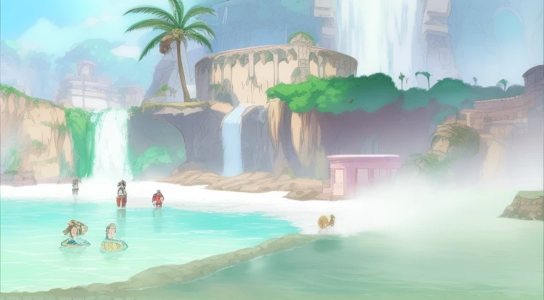 Drawing of a group of people on the beach with a palm tree, Rune Factory 5 art style, rune factory 5, Relaxing concept art, Ancient ruins and waterfalls, Anime landscape concept art, beautiful anime scenes, Screenshot of the animated movie, beautiful anime scenery, bathe in waterfall, Anime background art, with a waterfalls, waterfall in background