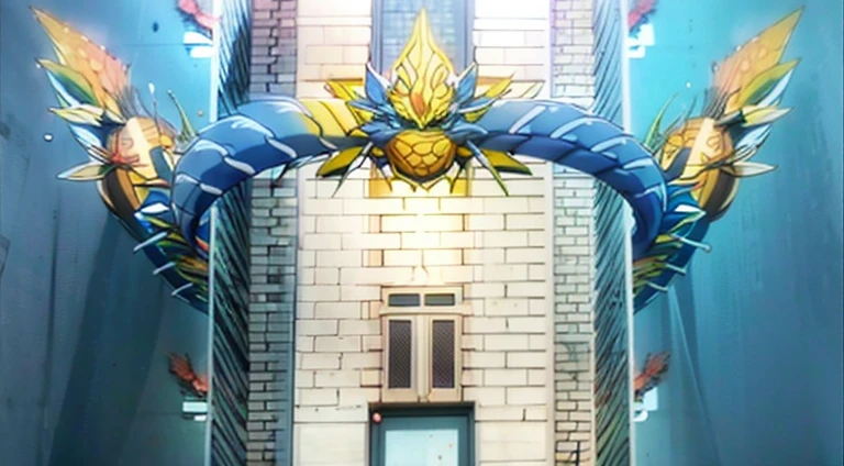 There is a clock on the wall of a building，There are blue and yellow designs, Screenshots from the 2012 animation, Screenshot of the animated movie, Still from TV animation, Kuro anime screenshots, finely detailled. Japanese cartoon. tentaculata, anime movie screenshot, colossal dragon in background, 2 0 1 9 animation screenshots, a temple background, Still from anime
