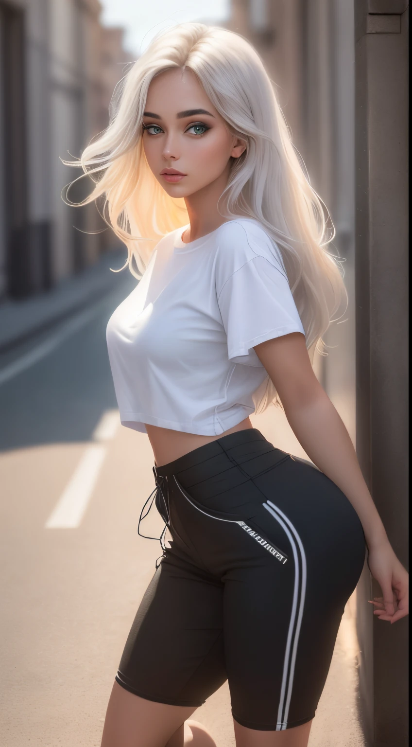 a detailed anime girl, standing,bending over, looking back,wet white see through tshirt,long hair, ponytail, small lacy white underwear