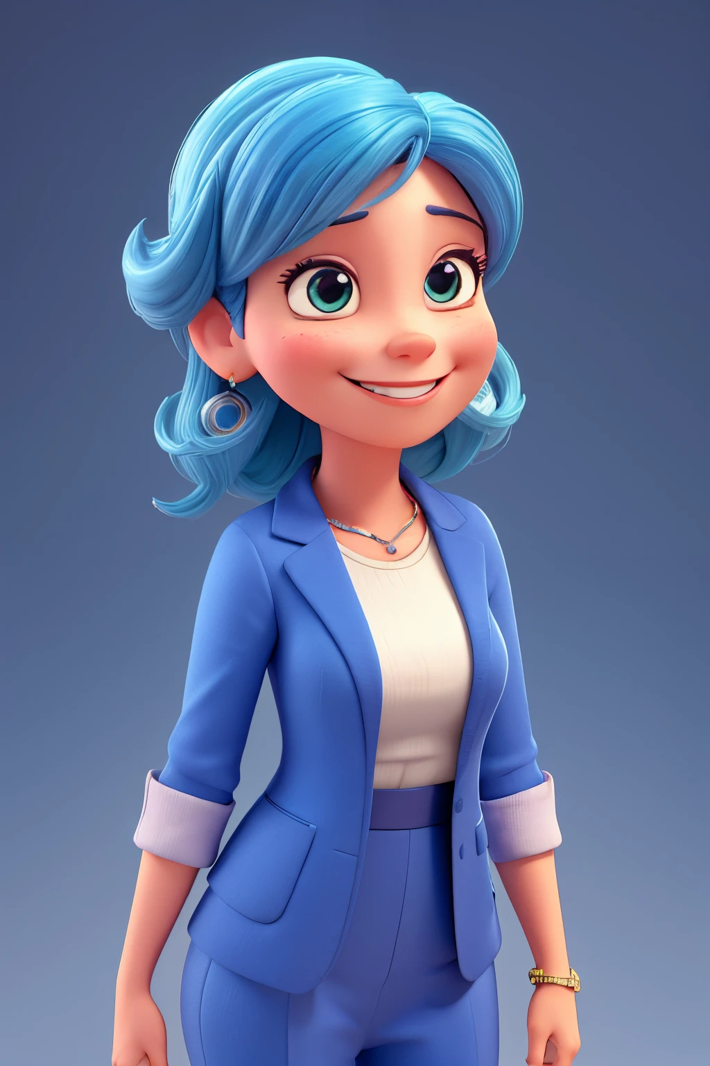 Crie um retrato de um personagem mulher 3d da pixar sorrindo que tem sobrepeso, she is an attendant , ela veste um terno azul escuro, business woman, Arte Digital, withe background