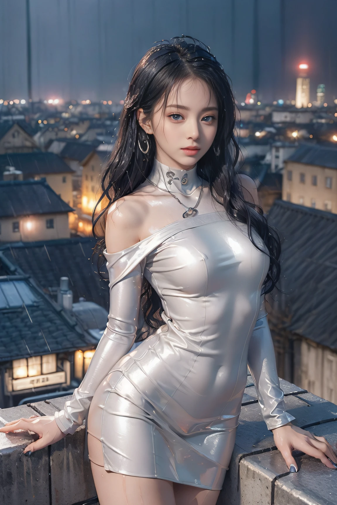 (((1人の女性: 2))), ((Beautiful girl in chrome-plated silver metallic latex mini dress:1.5)), (Turtleneck off-shoulder latex minidress:1.5), ((Rooftop of a city building with a beautiful night view:1.8)), (Cute girl at 18 years old), ((1screen)), 8K, RAW shot, top quality photo, ​masterpiece, Nice realistic photos, ((Anatomically correct proportions: 1.5)), Beautiful woman with Japan like an actress, ｛Slender body｝、small head, Detailed face, Detailed eyes, Narrow Nose, Detailed fingers, detailed arms, Detailed skin, Detailed legs, short torso, Narrow waist , Large breasts, ?????? shadow, Small buttocks, {Gravure photo shoot with bold pose:1.2}、?????? open pose、(Heavy rain:1.6)、(Rain-soaked skin:1.5)、(Rain-soaked hair:1.5)